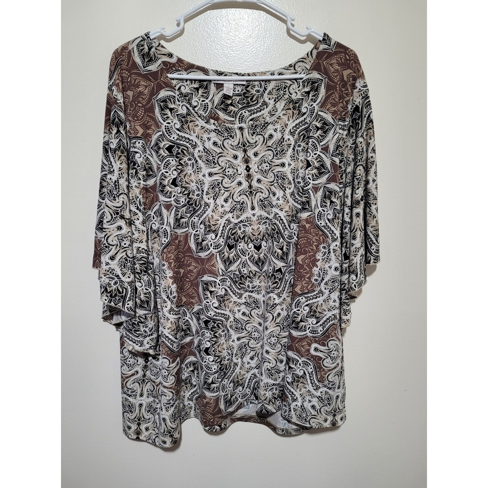 JM Collection Blouse‎ Women 3X Brown Paisley Flutter Sleeve Medallion Top